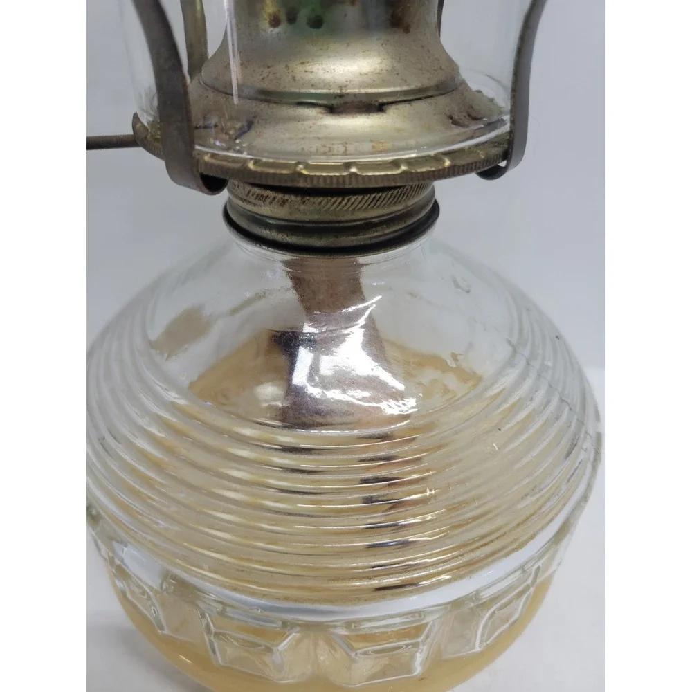 Vintage‎ Clear Glass Oil Lamp Ribbed Geometric Base Hurricane Chimney 13.5 Inch
